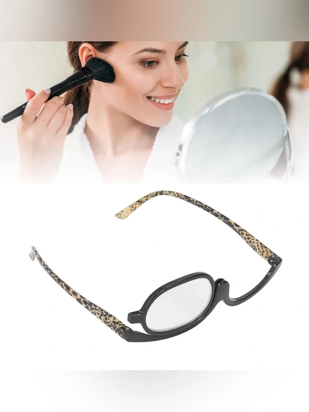 Magnified +250 Single-Sided Makeup Eyeglasses  Black Frame, Leopard Temples